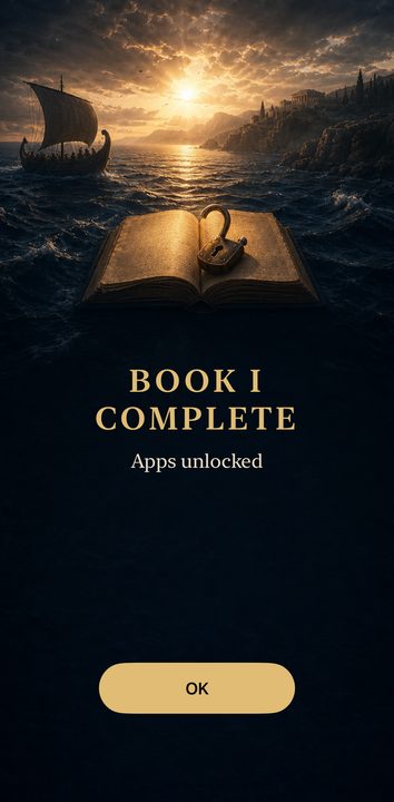 BookLock completion screen announcing that Book I is complete and apps are unlocked