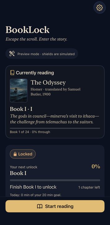 BookLock home screen showing The Odyssey, reading progress, and the next app unlock
