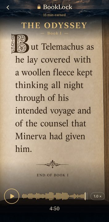 BookLock cinematic reader showing The Odyssey on parchment with narration controls